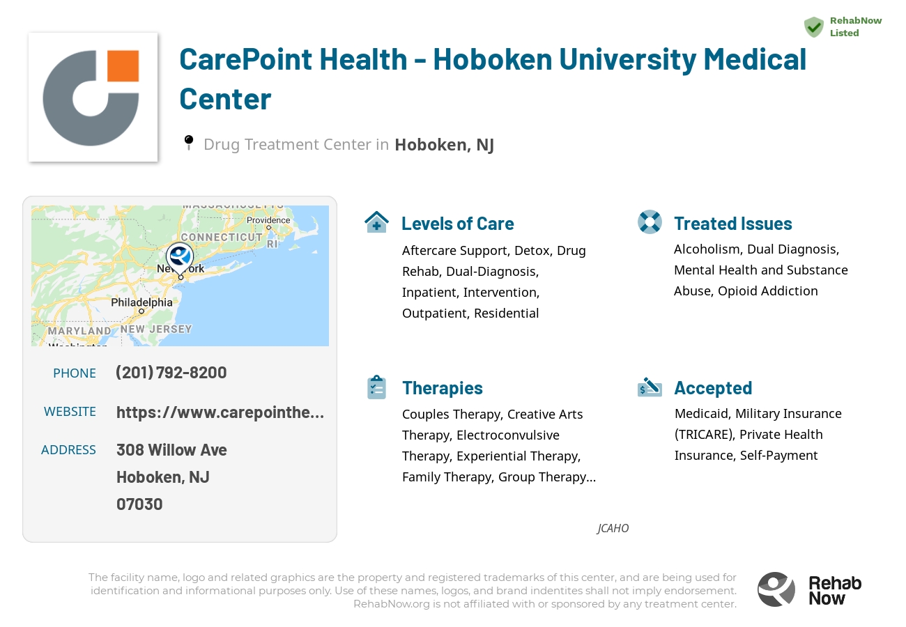 Helpful reference information for CarePoint Health - Hoboken University Medical Center, a drug treatment center in New Jersey located at: 308 Willow Ave, Hoboken, NJ 07030, including phone numbers, official website, and more. Listed briefly is an overview of Levels of Care, Therapies Offered, Issues Treated, and accepted forms of Payment Methods.