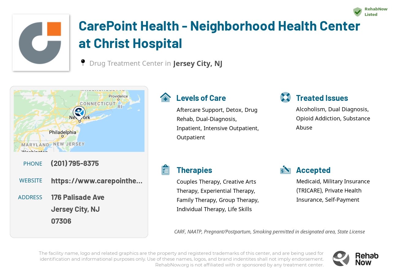 Helpful reference information for CarePoint Health - Neighborhood Health Center at Christ Hospital, a drug treatment center in New Jersey located at: 176 Palisade Ave, Jersey City, NJ 07306, including phone numbers, official website, and more. Listed briefly is an overview of Levels of Care, Therapies Offered, Issues Treated, and accepted forms of Payment Methods.