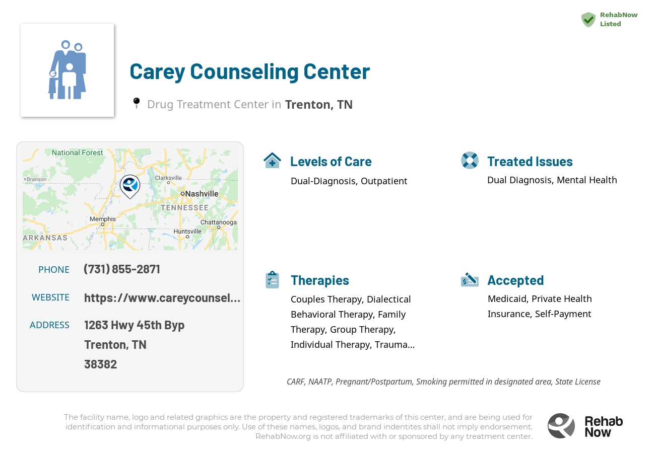 Helpful reference information for Carey Counseling Center, a drug treatment center in Tennessee located at: 1263 Hwy 45th Byp, Trenton, TN 38382, including phone numbers, official website, and more. Listed briefly is an overview of Levels of Care, Therapies Offered, Issues Treated, and accepted forms of Payment Methods.
