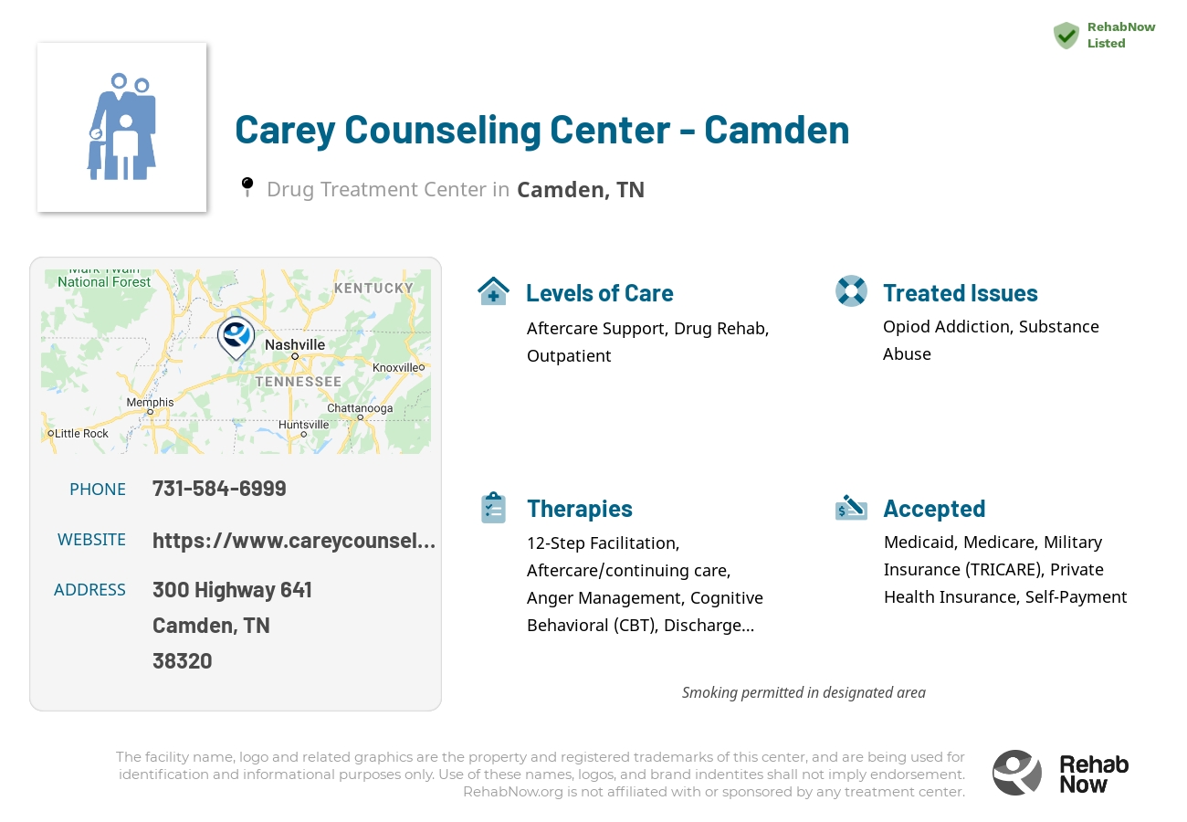 Helpful reference information for Carey Counseling Center - Camden, a drug treatment center in Tennessee located at: 300 Highway 641, Camden, TN 38320, including phone numbers, official website, and more. Listed briefly is an overview of Levels of Care, Therapies Offered, Issues Treated, and accepted forms of Payment Methods.