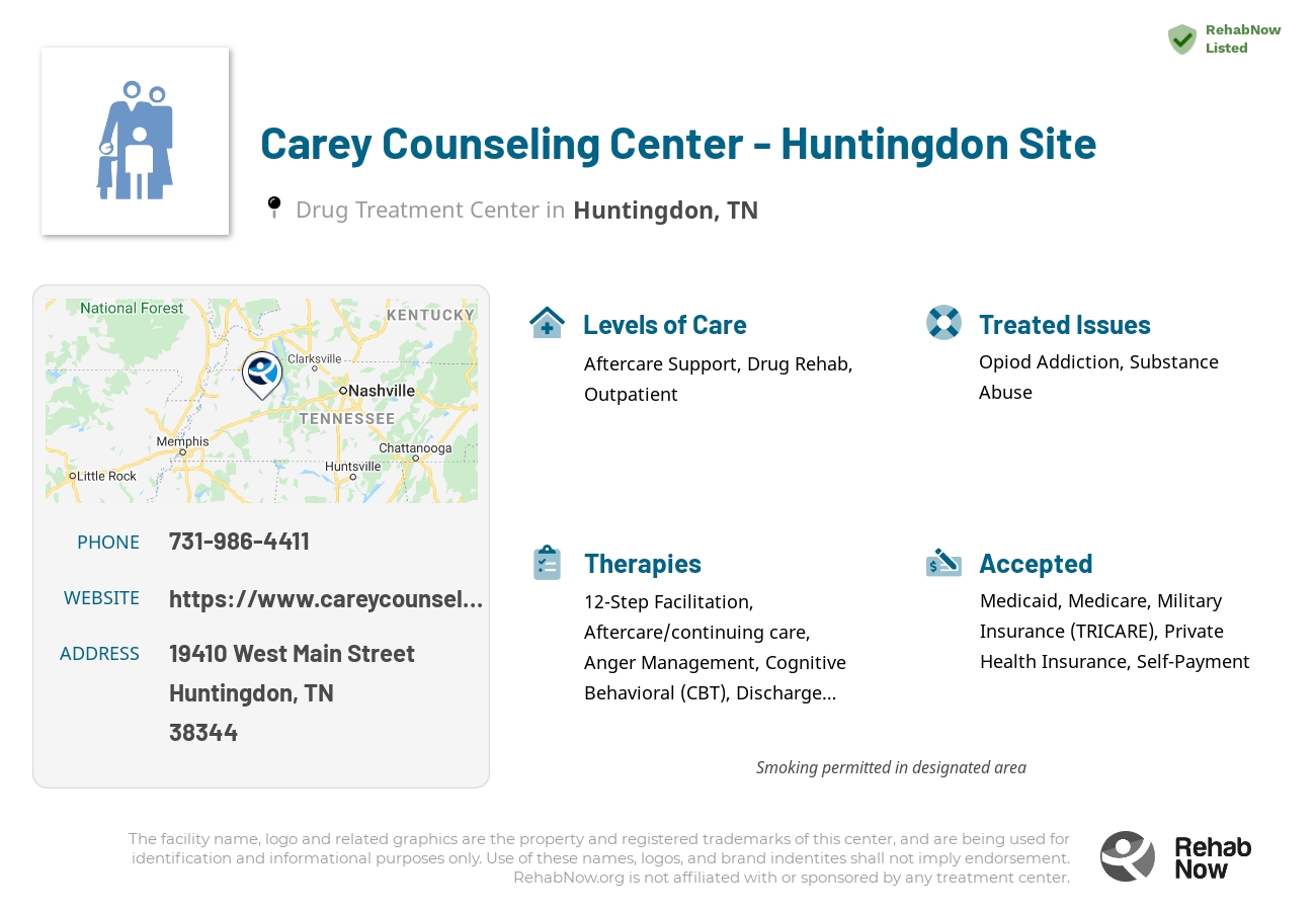 Helpful reference information for Carey Counseling Center - Huntingdon Site, a drug treatment center in Tennessee located at: 19410 West Main Street, Huntingdon, TN 38344, including phone numbers, official website, and more. Listed briefly is an overview of Levels of Care, Therapies Offered, Issues Treated, and accepted forms of Payment Methods.