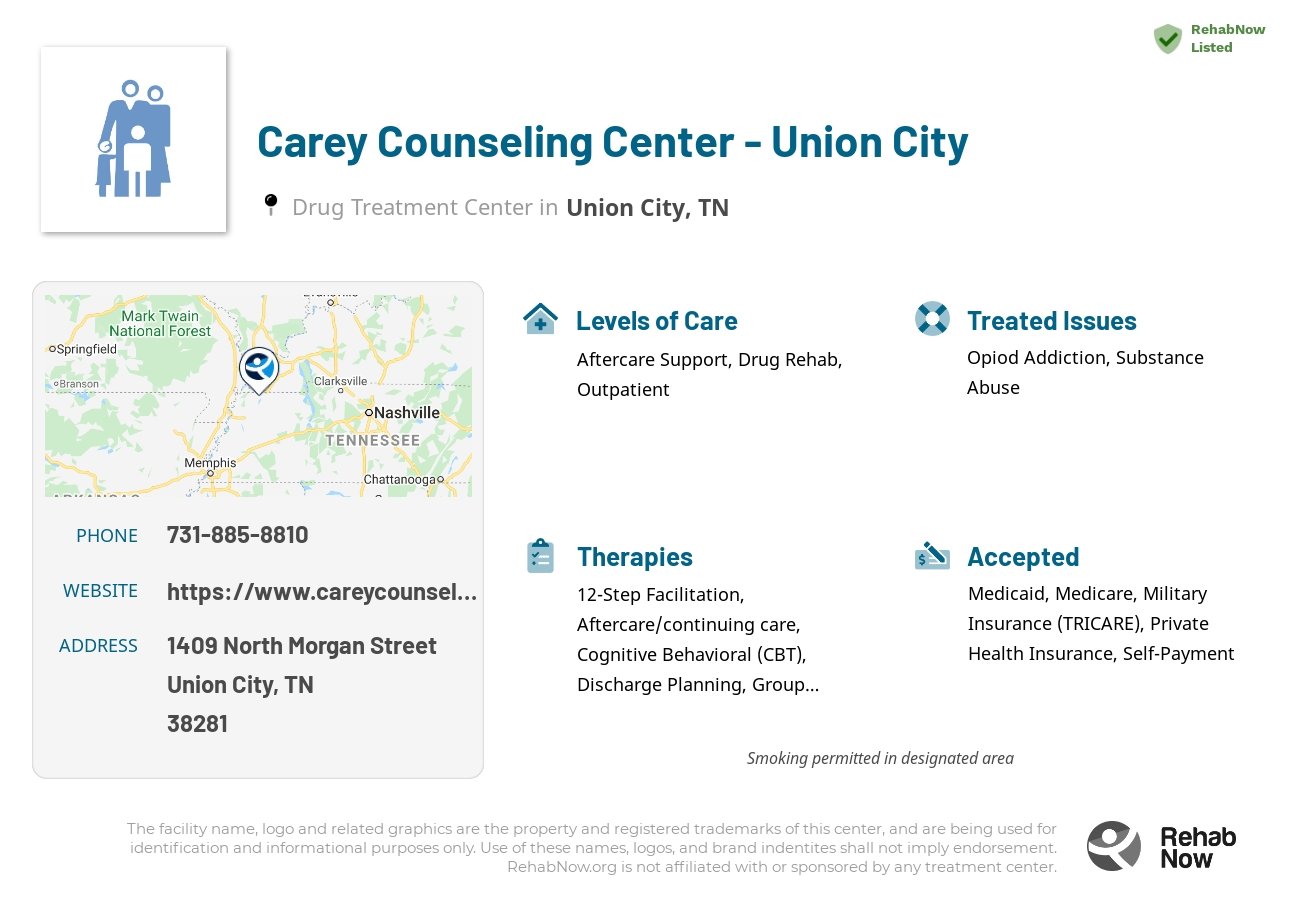 Helpful reference information for Carey Counseling Center - Union City, a drug treatment center in Tennessee located at: 1409 North Morgan Street, Union City, TN 38281, including phone numbers, official website, and more. Listed briefly is an overview of Levels of Care, Therapies Offered, Issues Treated, and accepted forms of Payment Methods.