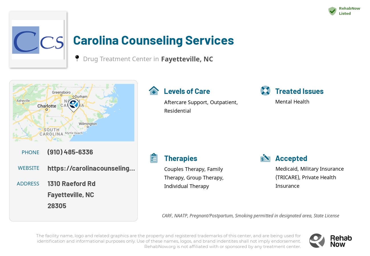 Helpful reference information for Carolina Counseling Services, a drug treatment center in North Carolina located at: 1310 Raeford Rd, Fayetteville, NC 28305, including phone numbers, official website, and more. Listed briefly is an overview of Levels of Care, Therapies Offered, Issues Treated, and accepted forms of Payment Methods.