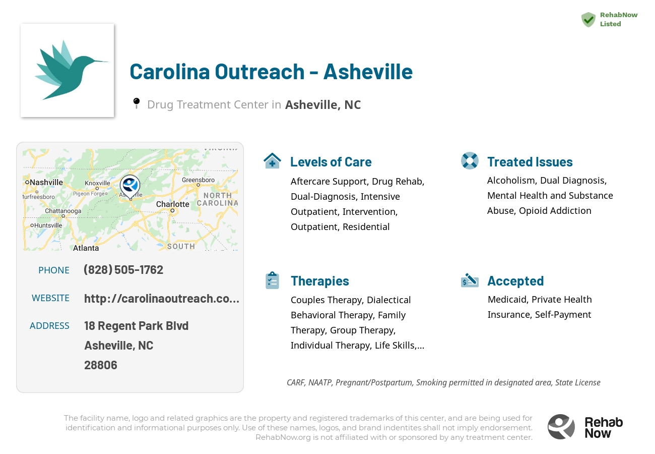 Helpful reference information for Carolina Outreach - Asheville, a drug treatment center in North Carolina located at: 18 Regent Park Blvd, Asheville, NC 28806, including phone numbers, official website, and more. Listed briefly is an overview of Levels of Care, Therapies Offered, Issues Treated, and accepted forms of Payment Methods.