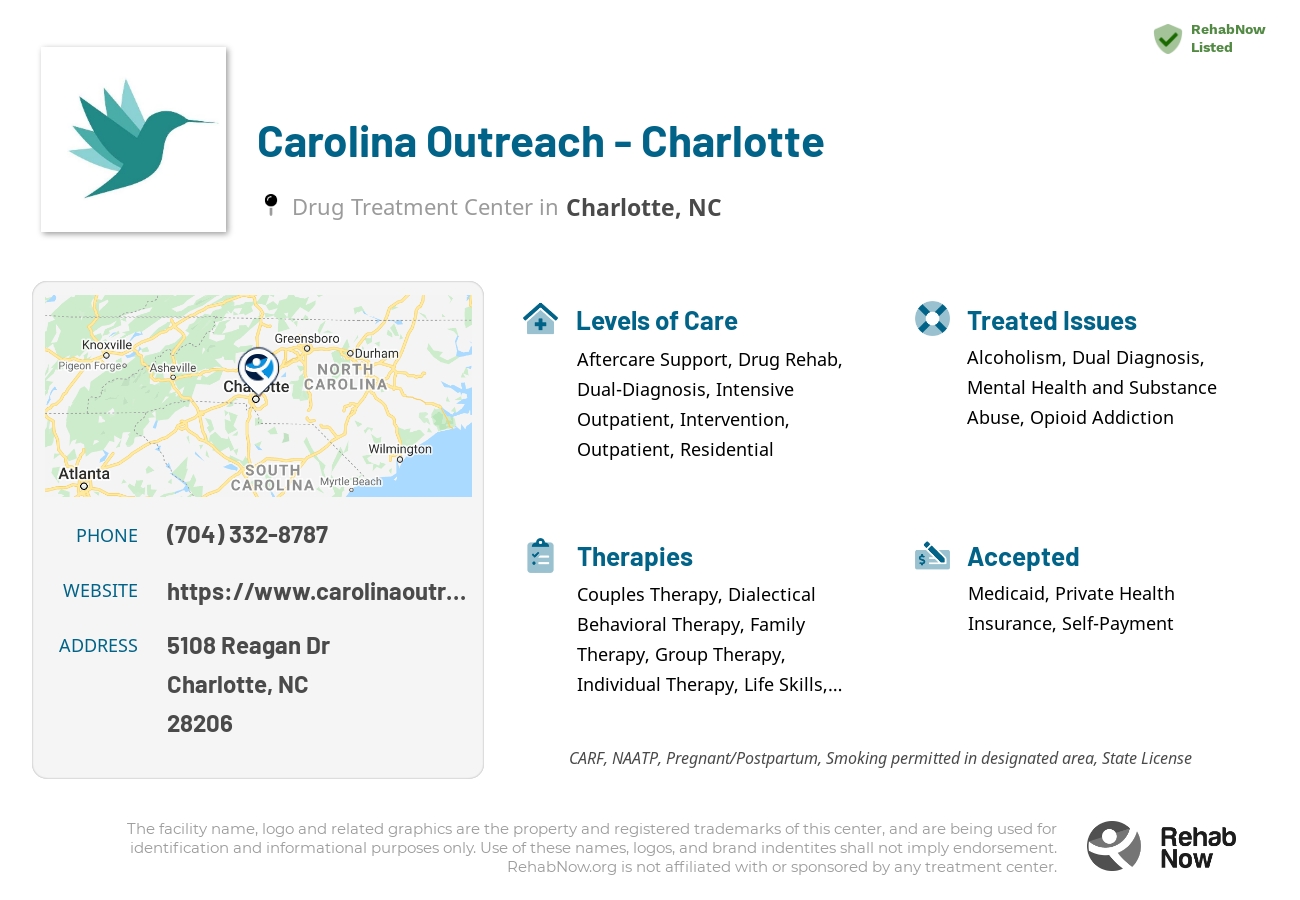 Helpful reference information for Carolina Outreach - Charlotte, a drug treatment center in North Carolina located at: 5108 Reagan Dr, Charlotte, NC 28206, including phone numbers, official website, and more. Listed briefly is an overview of Levels of Care, Therapies Offered, Issues Treated, and accepted forms of Payment Methods.