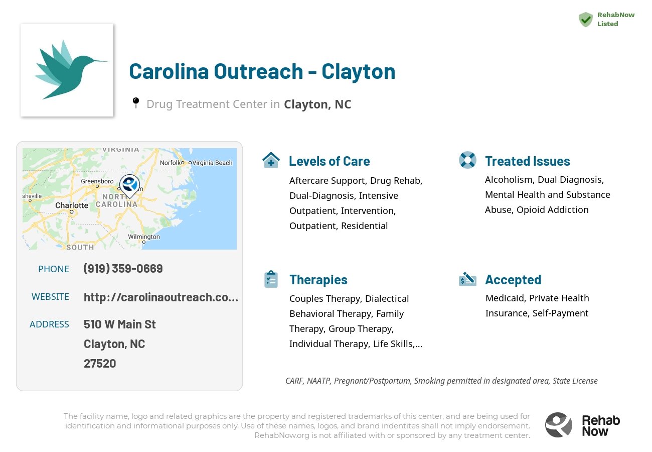 Helpful reference information for Carolina Outreach - Clayton, a drug treatment center in North Carolina located at: 510 W Main St, Clayton, NC 27520, including phone numbers, official website, and more. Listed briefly is an overview of Levels of Care, Therapies Offered, Issues Treated, and accepted forms of Payment Methods.