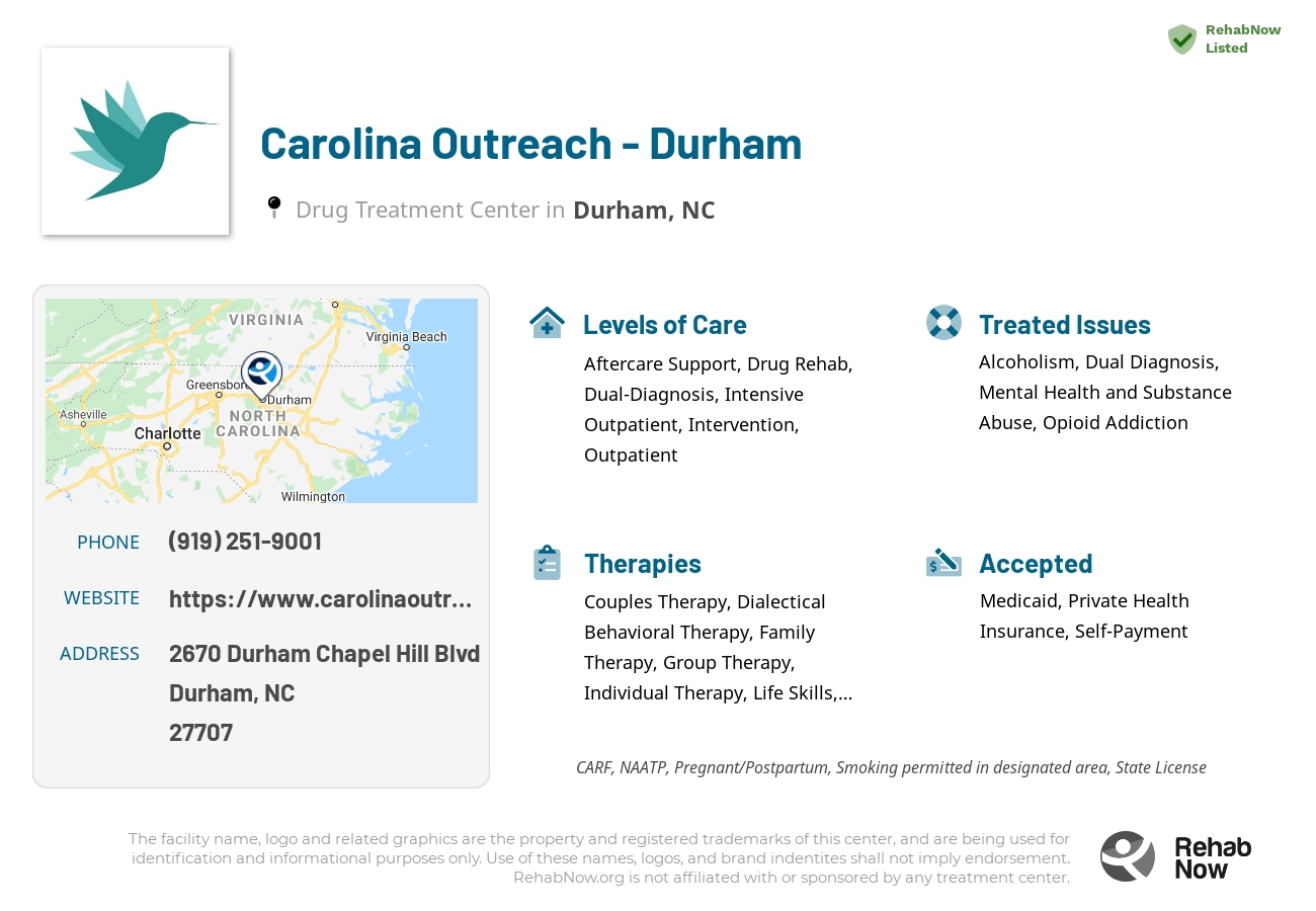 Helpful reference information for Carolina Outreach - Durham, a drug treatment center in North Carolina located at: 2670 Durham Chapel Hill Blvd, Durham, NC 27707, including phone numbers, official website, and more. Listed briefly is an overview of Levels of Care, Therapies Offered, Issues Treated, and accepted forms of Payment Methods.