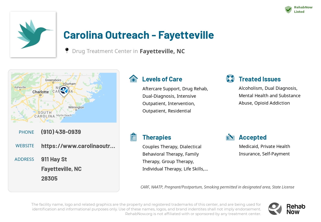 Helpful reference information for Carolina Outreach - Fayetteville, a drug treatment center in North Carolina located at: 911 Hay St, Fayetteville, NC 28305, including phone numbers, official website, and more. Listed briefly is an overview of Levels of Care, Therapies Offered, Issues Treated, and accepted forms of Payment Methods.