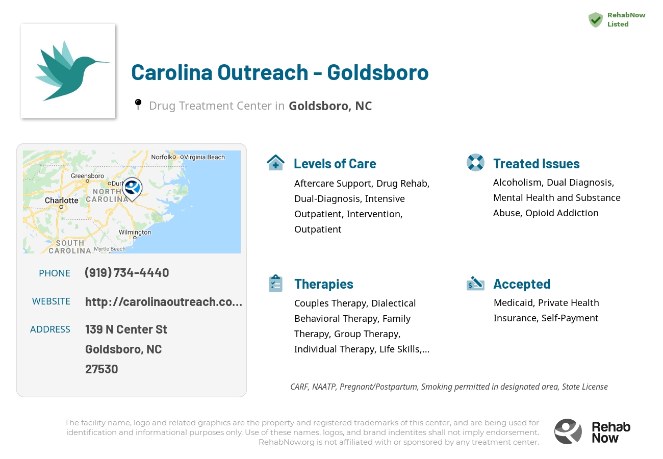 Helpful reference information for Carolina Outreach - Goldsboro, a drug treatment center in North Carolina located at: 139 N Center St, Goldsboro, NC 27530, including phone numbers, official website, and more. Listed briefly is an overview of Levels of Care, Therapies Offered, Issues Treated, and accepted forms of Payment Methods.