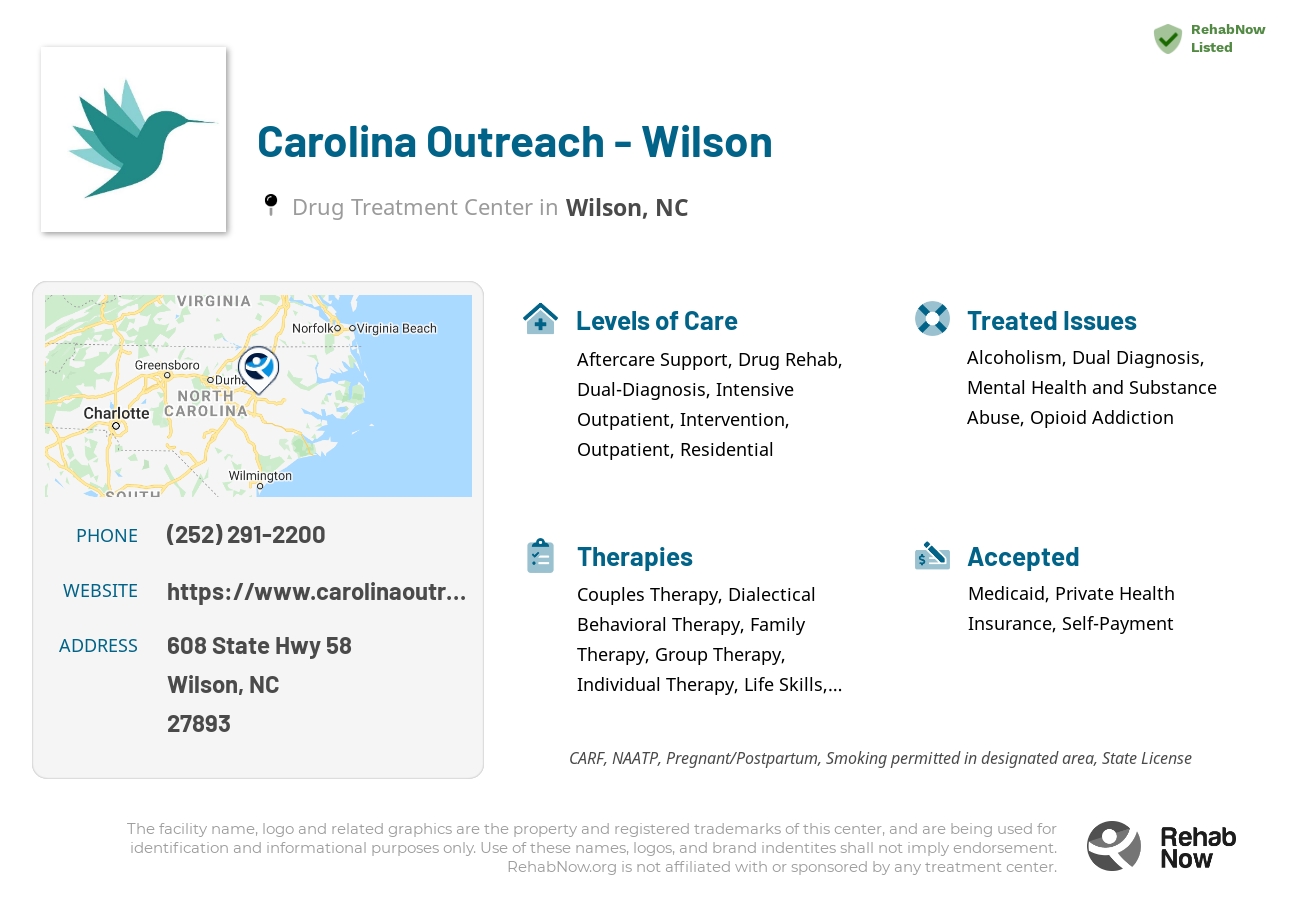 Helpful reference information for Carolina Outreach - Wilson, a drug treatment center in North Carolina located at: 608 State Hwy 58, Wilson, NC 27893, including phone numbers, official website, and more. Listed briefly is an overview of Levels of Care, Therapies Offered, Issues Treated, and accepted forms of Payment Methods.