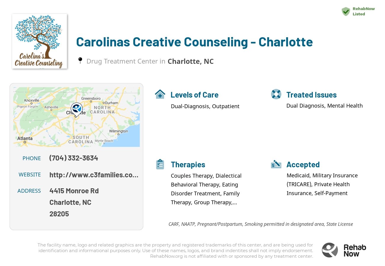 Helpful reference information for Carolinas Creative Counseling - Charlotte, a drug treatment center in North Carolina located at: 4415 Monroe Rd, Charlotte, NC 28205, including phone numbers, official website, and more. Listed briefly is an overview of Levels of Care, Therapies Offered, Issues Treated, and accepted forms of Payment Methods.