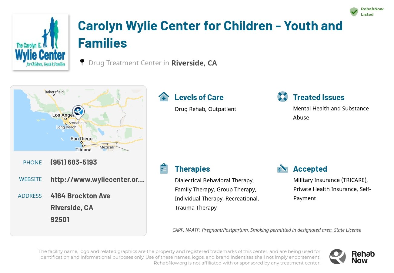 Helpful reference information for Carolyn Wylie Center for Children - Youth and Families, a drug treatment center in California located at: 4164 Brockton Ave, Riverside, CA 92501, including phone numbers, official website, and more. Listed briefly is an overview of Levels of Care, Therapies Offered, Issues Treated, and accepted forms of Payment Methods.