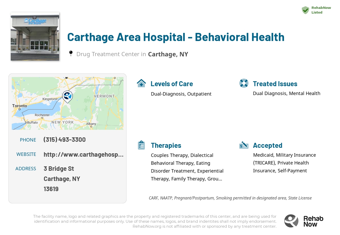 Helpful reference information for Carthage Area Hospital - Behavioral Health, a drug treatment center in New York located at: 3 Bridge St, Carthage, NY 13619, including phone numbers, official website, and more. Listed briefly is an overview of Levels of Care, Therapies Offered, Issues Treated, and accepted forms of Payment Methods.