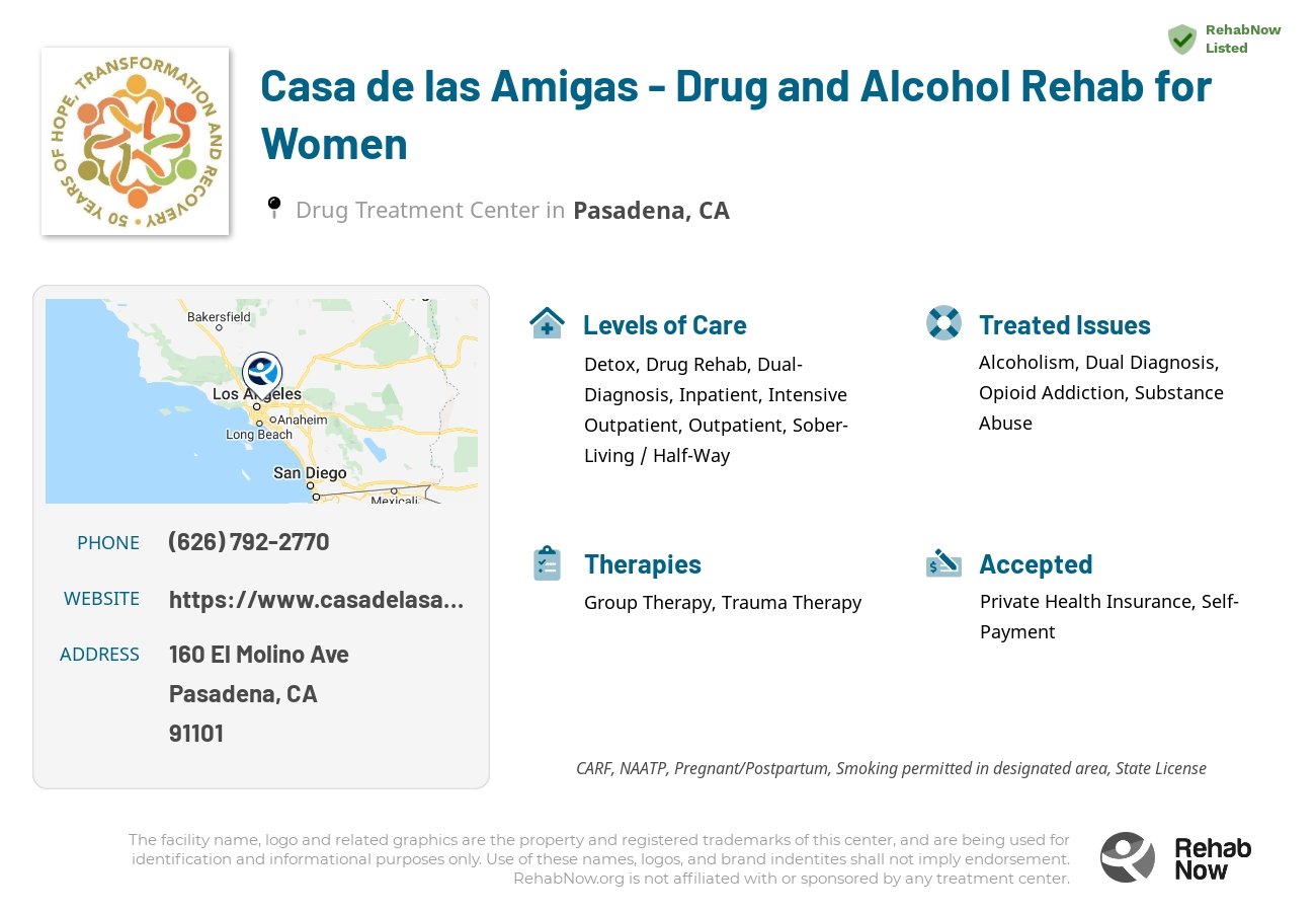 Helpful reference information for Casa de las Amigas - Drug and Alcohol Rehab for Women, a drug treatment center in California located at: 160 El Molino Ave, Pasadena, CA 91101, including phone numbers, official website, and more. Listed briefly is an overview of Levels of Care, Therapies Offered, Issues Treated, and accepted forms of Payment Methods.