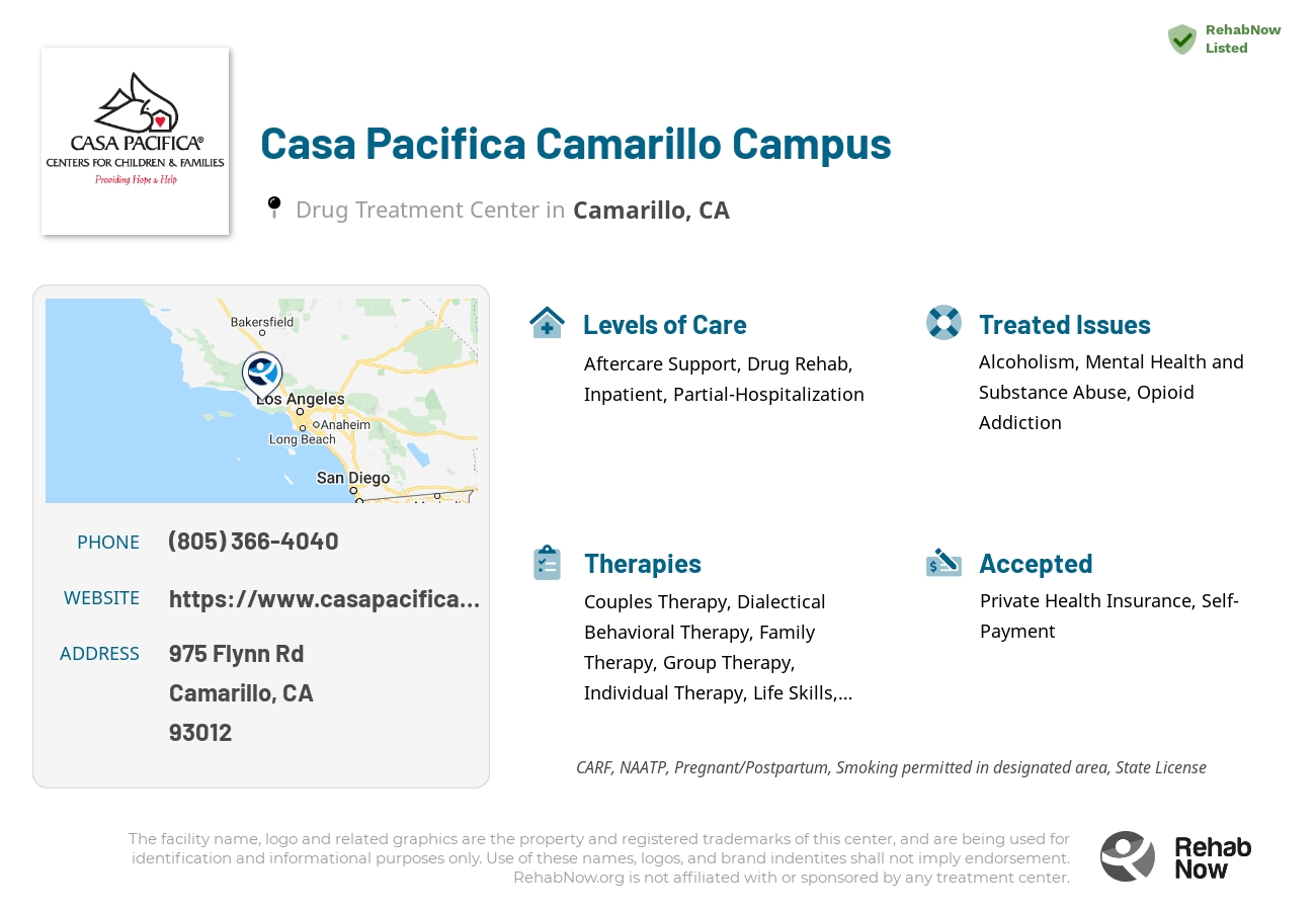 Helpful reference information for Casa Pacifica Camarillo Campus, a drug treatment center in California located at: 975 Flynn Rd, Camarillo, CA 93012, including phone numbers, official website, and more. Listed briefly is an overview of Levels of Care, Therapies Offered, Issues Treated, and accepted forms of Payment Methods.
