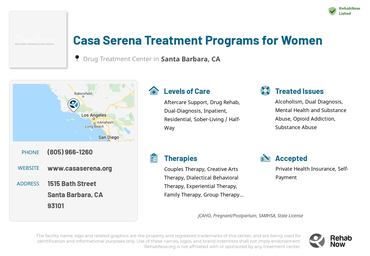 Helpful reference information for Casa Serena Treatment Programs for Women, a drug treatment center in California located at: 1515 Bath Street, Santa Barbara, CA, 93101, including phone numbers, official website, and more. Listed briefly is an overview of Levels of Care, Therapies Offered, Issues Treated, and accepted forms of Payment Methods.