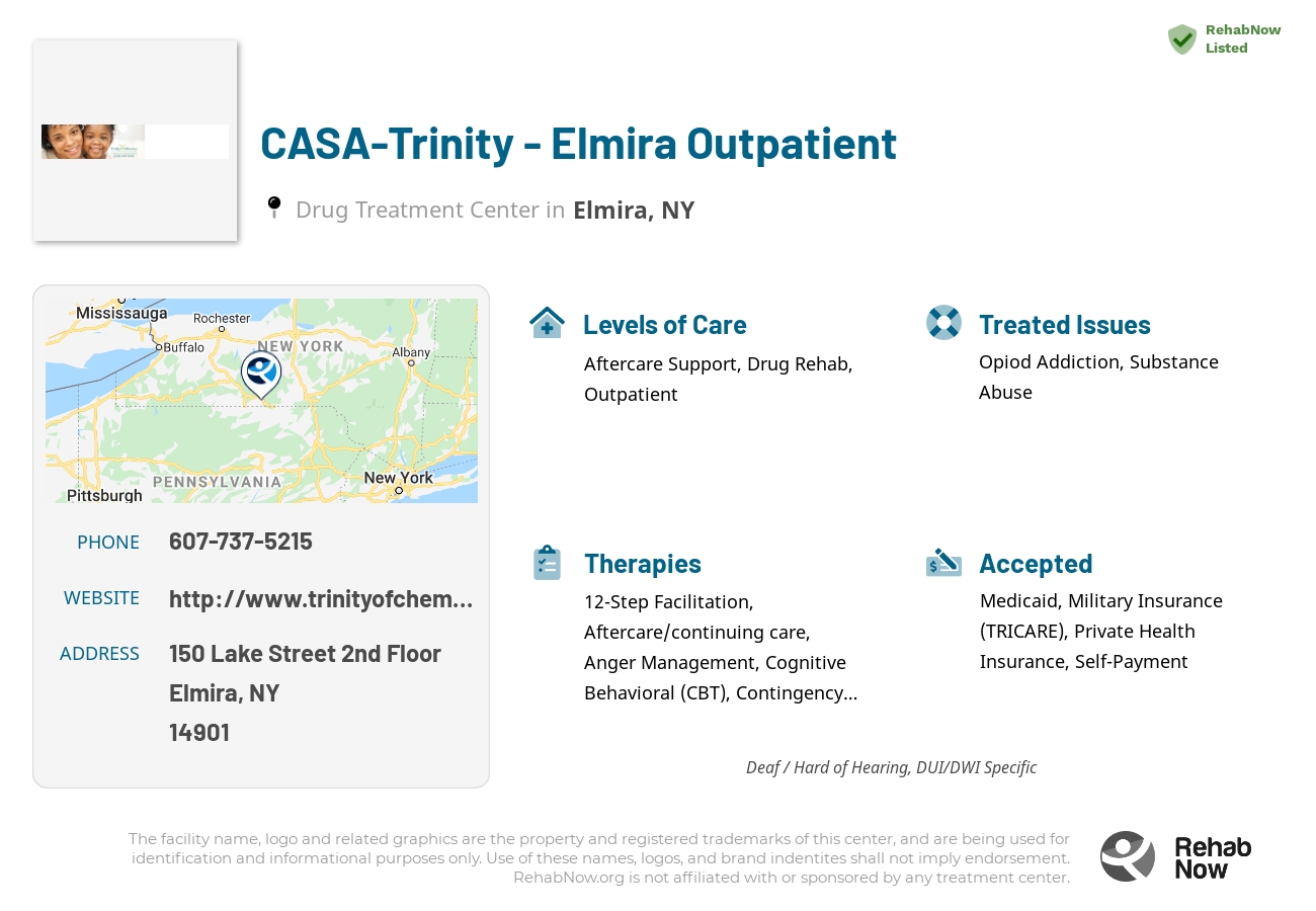 Helpful reference information for CASA-Trinity - Elmira Outpatient, a drug treatment center in New York located at: 150 Lake Street 2nd Floor, Elmira, NY 14901, including phone numbers, official website, and more. Listed briefly is an overview of Levels of Care, Therapies Offered, Issues Treated, and accepted forms of Payment Methods.