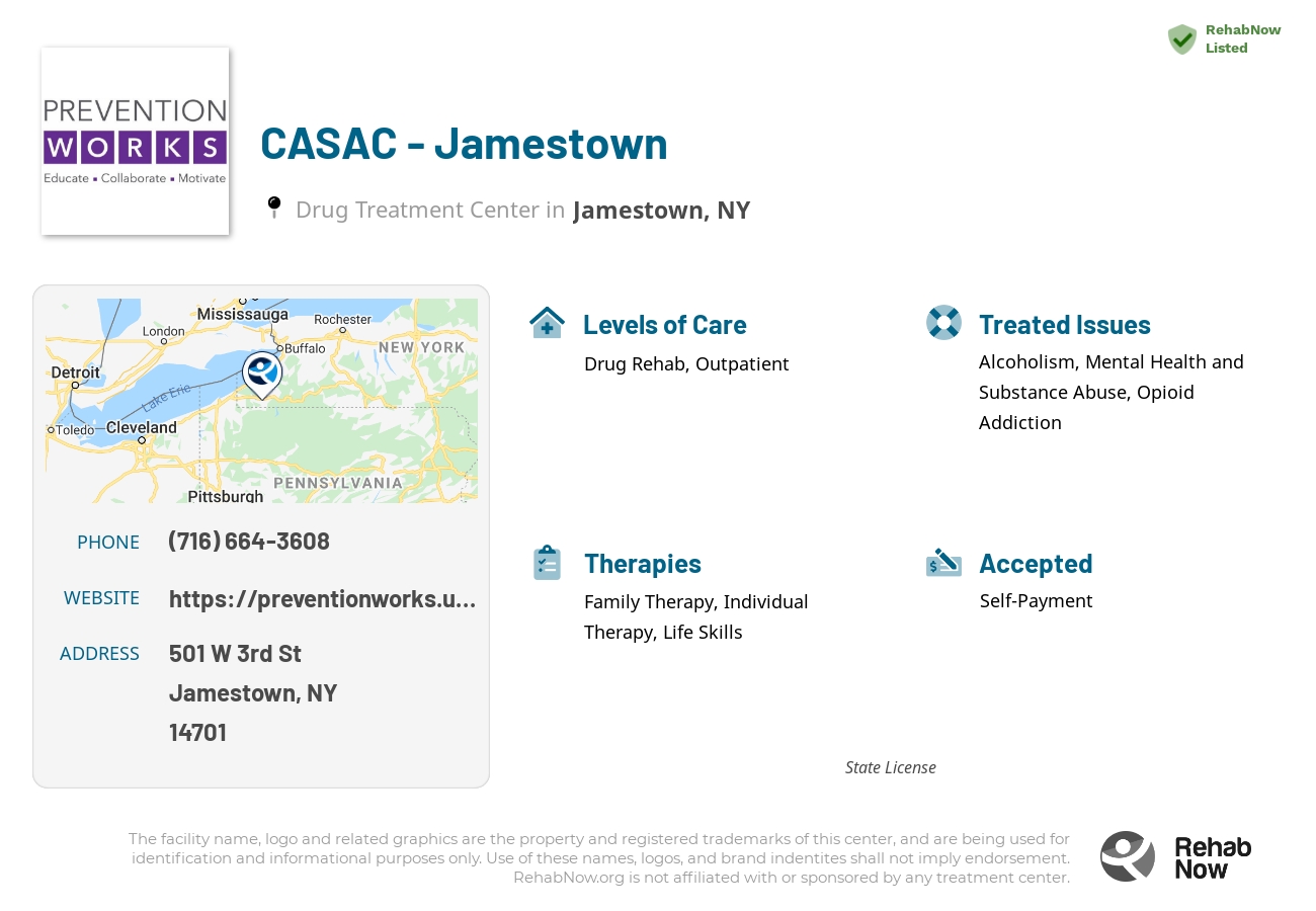 Helpful reference information for CASAC - Jamestown, a drug treatment center in New York located at: 501 W 3rd St, Jamestown, NY 14701, including phone numbers, official website, and more. Listed briefly is an overview of Levels of Care, Therapies Offered, Issues Treated, and accepted forms of Payment Methods.