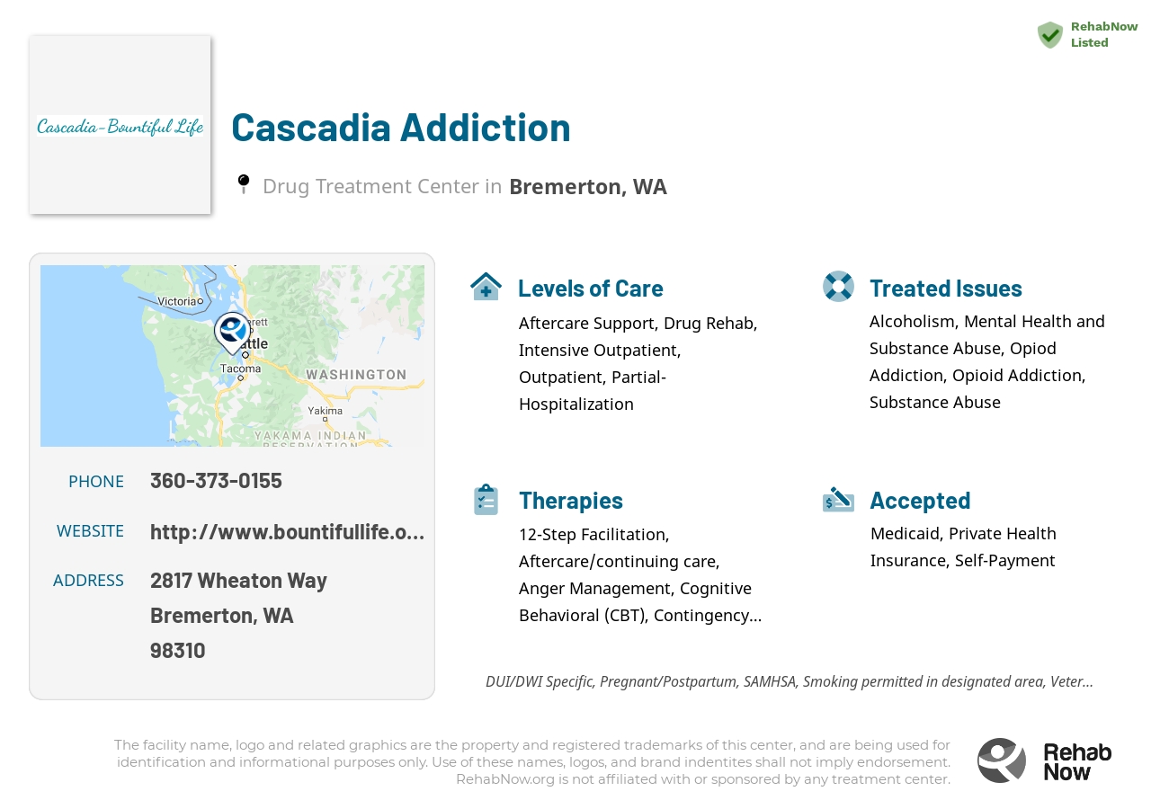 Helpful reference information for Cascadia Addiction, a drug treatment center in Washington located at: 2817 Wheaton Way, Bremerton, WA 98310, including phone numbers, official website, and more. Listed briefly is an overview of Levels of Care, Therapies Offered, Issues Treated, and accepted forms of Payment Methods.