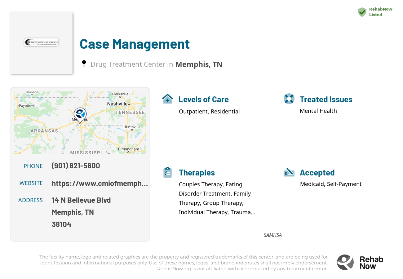 Helpful reference information for Case Management, a drug treatment center in Tennessee located at: 14 N Bellevue Blvd, Memphis, TN 38104, including phone numbers, official website, and more. Listed briefly is an overview of Levels of Care, Therapies Offered, Issues Treated, and accepted forms of Payment Methods.