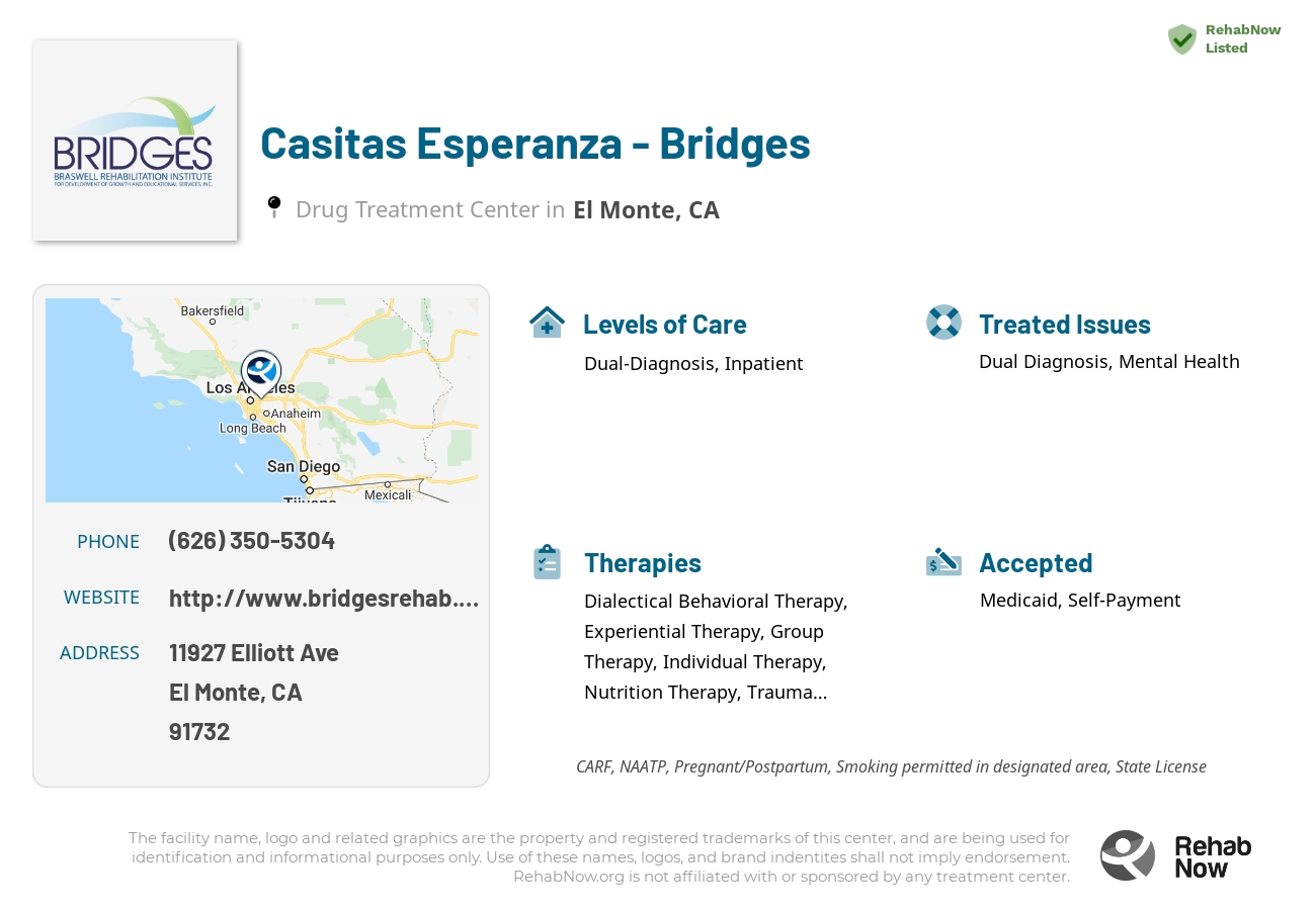 Helpful reference information for Casitas Esperanza - Bridges, a drug treatment center in California located at: 11927 Elliott Ave, El Monte, CA 91732, including phone numbers, official website, and more. Listed briefly is an overview of Levels of Care, Therapies Offered, Issues Treated, and accepted forms of Payment Methods.