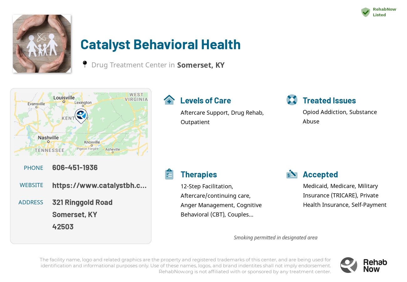 Helpful reference information for Catalyst Behavioral Health, a drug treatment center in Kentucky located at: 321 Ringgold Road, Somerset, KY 42503, including phone numbers, official website, and more. Listed briefly is an overview of Levels of Care, Therapies Offered, Issues Treated, and accepted forms of Payment Methods.