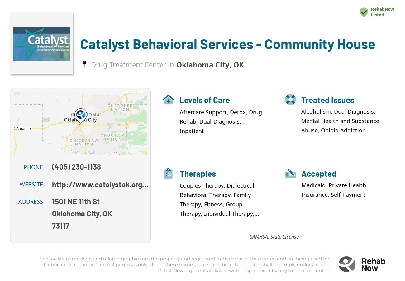 Helpful reference information for Catalyst Behavioral Services - Community House, a drug treatment center in Oklahoma located at: 1501 NE 11th St, Oklahoma City, OK 73117, including phone numbers, official website, and more. Listed briefly is an overview of Levels of Care, Therapies Offered, Issues Treated, and accepted forms of Payment Methods.