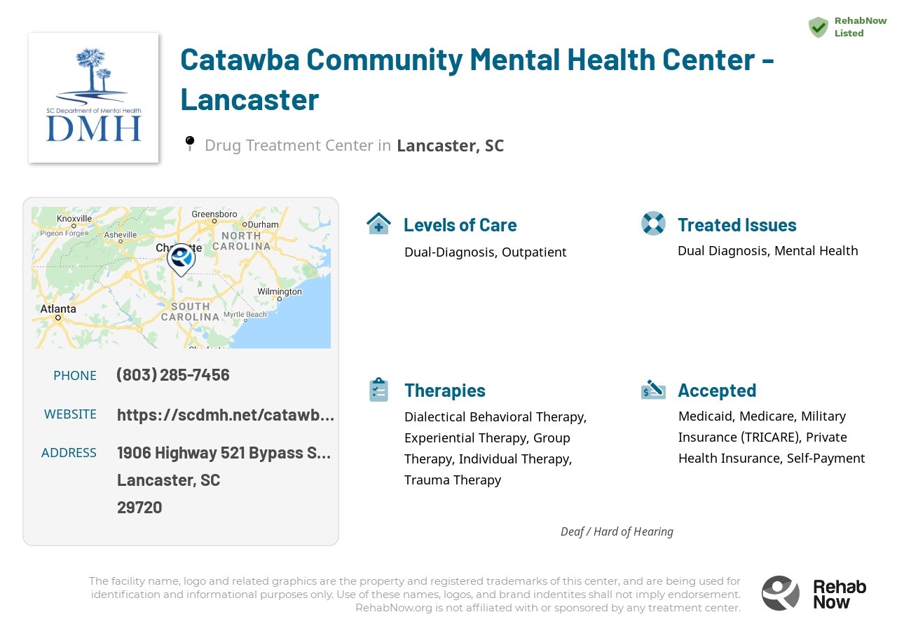 Helpful reference information for Catawba Community Mental Health Center - Lancaster, a drug treatment center in South Carolina located at: 1906 1906 Highway 521 Bypass South, Lancaster, SC 29720, including phone numbers, official website, and more. Listed briefly is an overview of Levels of Care, Therapies Offered, Issues Treated, and accepted forms of Payment Methods.