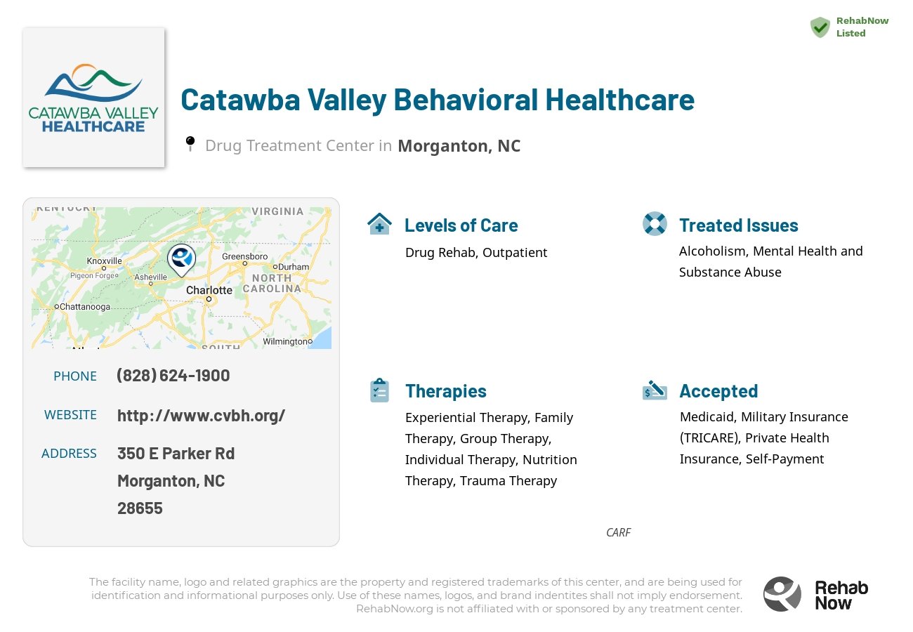 Helpful reference information for Catawba Valley Behavioral Healthcare, a drug treatment center in North Carolina located at: 350 E Parker Rd, Morganton, NC 28655, including phone numbers, official website, and more. Listed briefly is an overview of Levels of Care, Therapies Offered, Issues Treated, and accepted forms of Payment Methods.