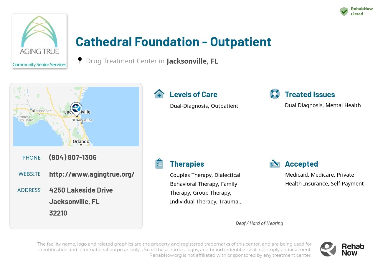 Helpful reference information for Cathedral Foundation - Outpatient, a drug treatment center in Florida located at: 4250 Lakeside Drive, Jacksonville, FL, 32210, including phone numbers, official website, and more. Listed briefly is an overview of Levels of Care, Therapies Offered, Issues Treated, and accepted forms of Payment Methods.