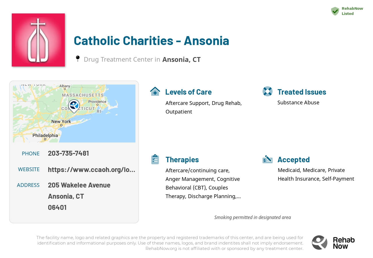 Helpful reference information for Catholic Charities - Ansonia, a drug treatment center in Connecticut located at: 205 Wakelee Avenue, Ansonia, CT 06401, including phone numbers, official website, and more. Listed briefly is an overview of Levels of Care, Therapies Offered, Issues Treated, and accepted forms of Payment Methods.