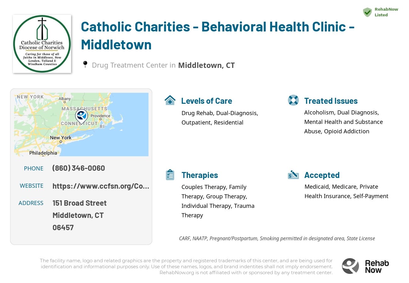 Helpful reference information for Catholic Charities - Behavioral Health Clinic - Middletown, a drug treatment center in Connecticut located at: 151 Broad Street, Middletown, CT, 06457, including phone numbers, official website, and more. Listed briefly is an overview of Levels of Care, Therapies Offered, Issues Treated, and accepted forms of Payment Methods.