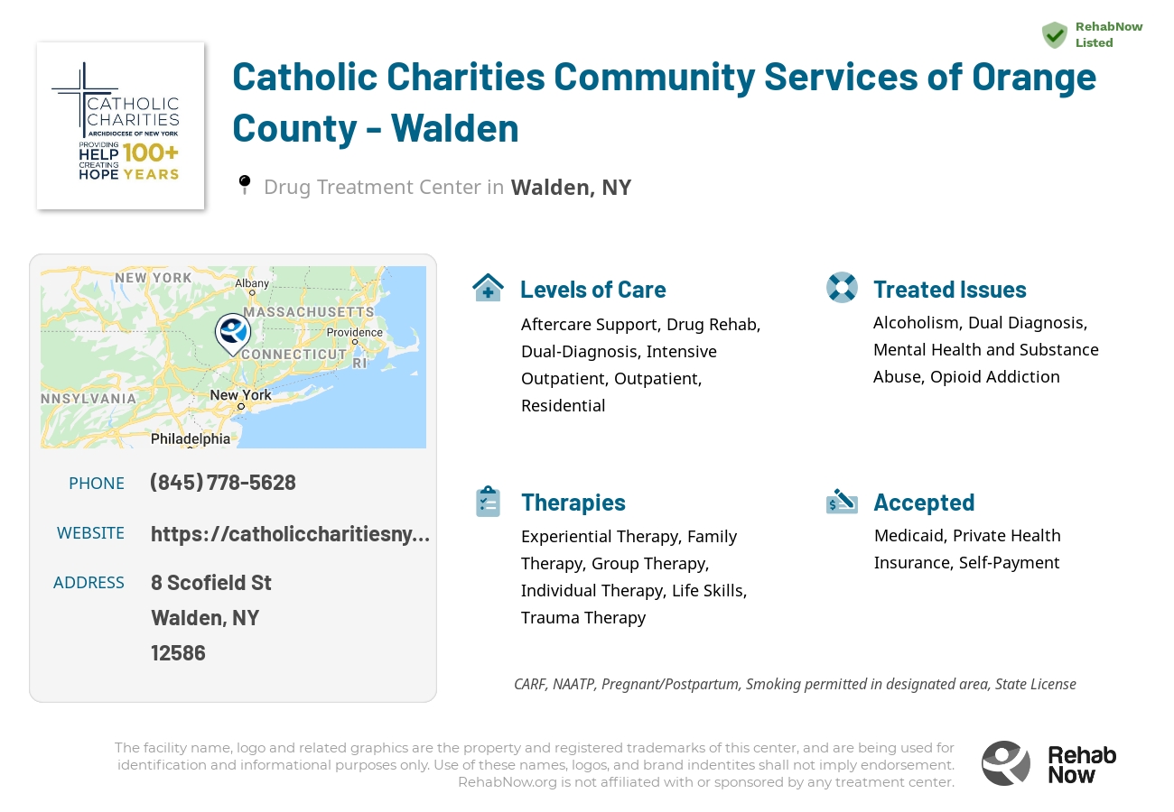 Helpful reference information for Catholic Charities Community Services of Orange County - Walden, a drug treatment center in New York located at: 8 Scofield St, Walden, NY 12586, including phone numbers, official website, and more. Listed briefly is an overview of Levels of Care, Therapies Offered, Issues Treated, and accepted forms of Payment Methods.