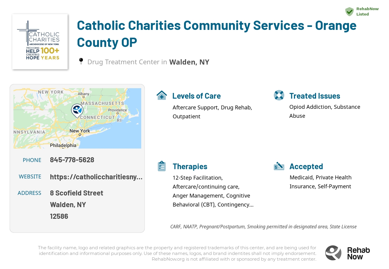Helpful reference information for Catholic Charities Community Services - Orange County OP, a drug treatment center in New York located at: 8 Scofield Street, Walden, NY 12586, including phone numbers, official website, and more. Listed briefly is an overview of Levels of Care, Therapies Offered, Issues Treated, and accepted forms of Payment Methods.