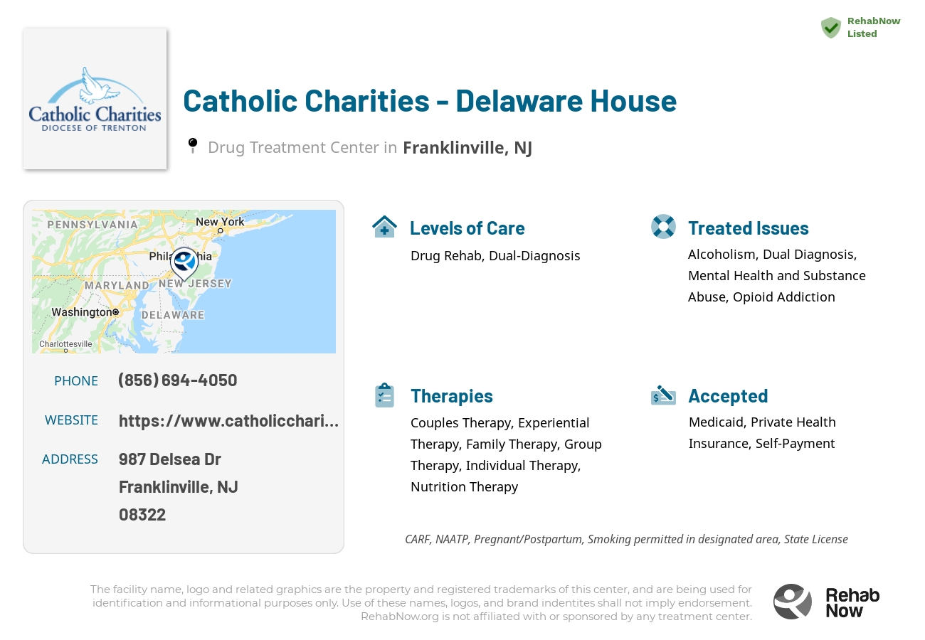 Helpful reference information for Catholic Charities - Delaware House, a drug treatment center in New Jersey located at: 987 Delsea Dr, Franklinville, NJ 08322, including phone numbers, official website, and more. Listed briefly is an overview of Levels of Care, Therapies Offered, Issues Treated, and accepted forms of Payment Methods.