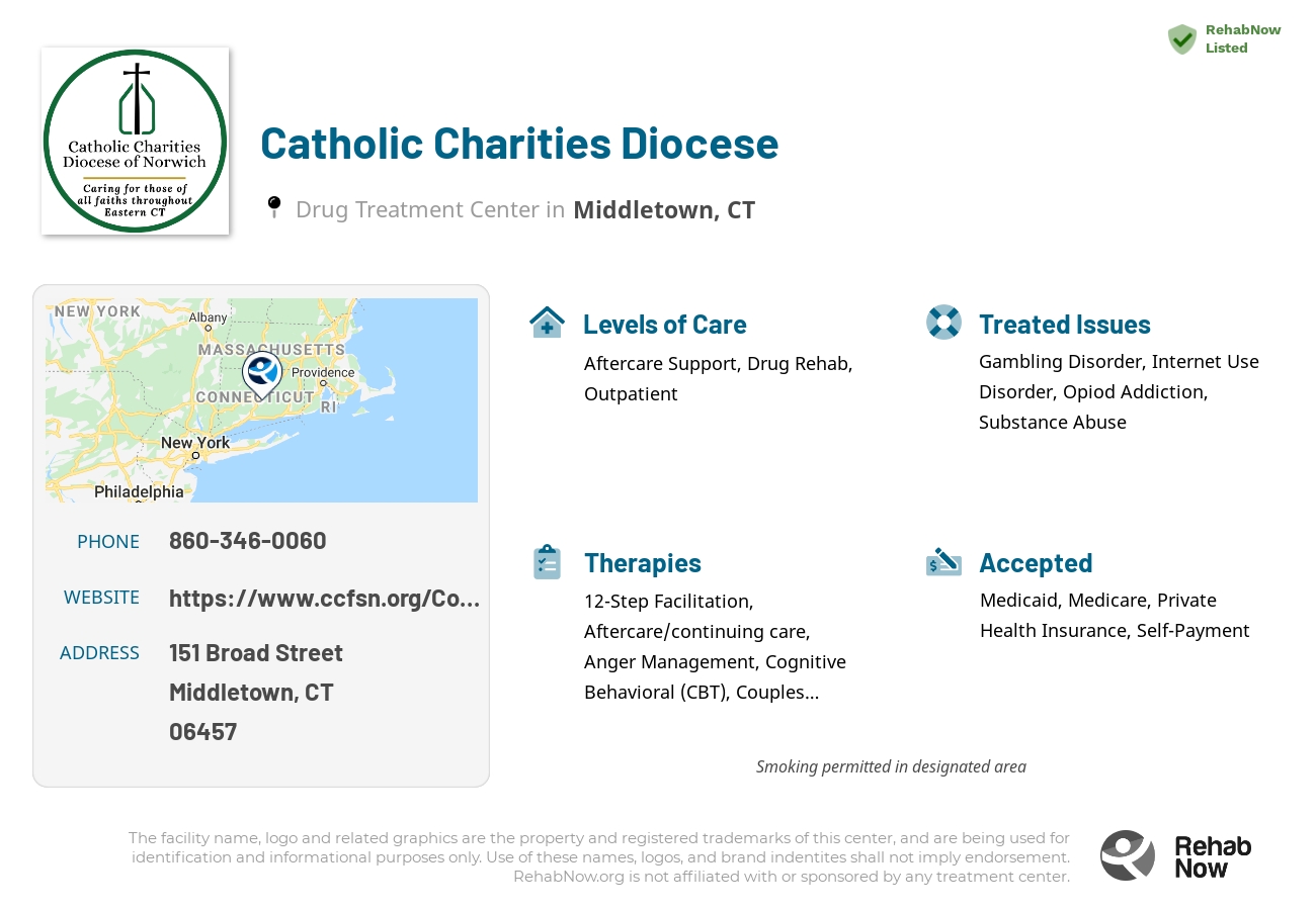 Helpful reference information for Catholic Charities Diocese, a drug treatment center in Connecticut located at: 151 Broad Street, Middletown, CT 06457, including phone numbers, official website, and more. Listed briefly is an overview of Levels of Care, Therapies Offered, Issues Treated, and accepted forms of Payment Methods.