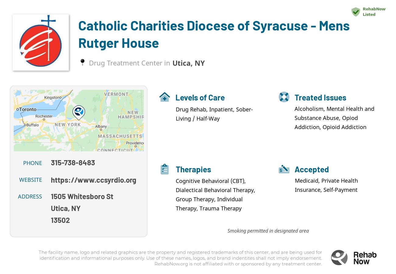 Helpful reference information for Catholic Charities Diocese of Syracuse - Mens Rutger House, a drug treatment center in New York located at: 1505 Whitesboro St, Utica, NY 13502, including phone numbers, official website, and more. Listed briefly is an overview of Levels of Care, Therapies Offered, Issues Treated, and accepted forms of Payment Methods.