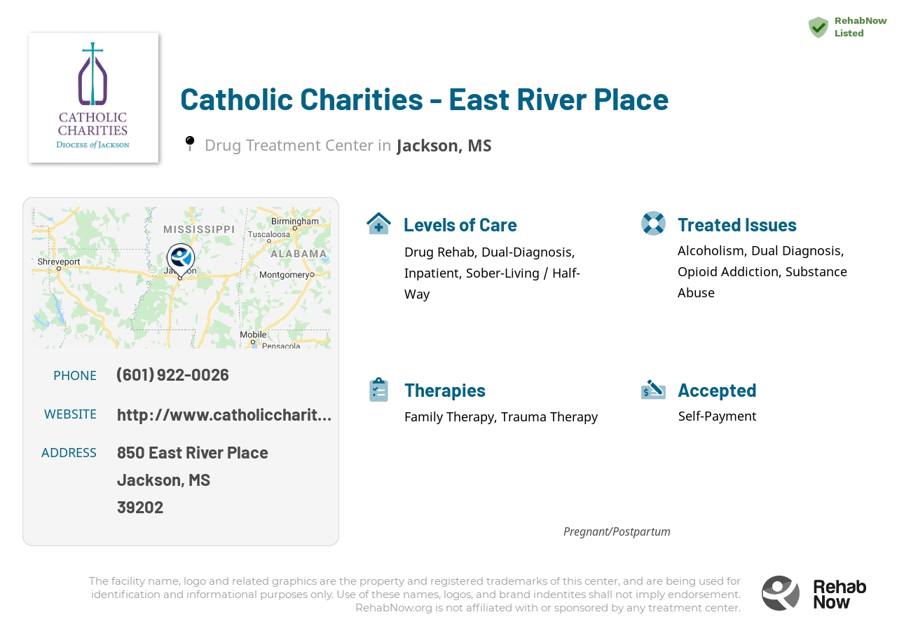 Helpful reference information for Catholic Charities  - East River Place, a drug treatment center in Mississippi located at: 850 850 East River Place, Jackson, MS 39202, including phone numbers, official website, and more. Listed briefly is an overview of Levels of Care, Therapies Offered, Issues Treated, and accepted forms of Payment Methods.