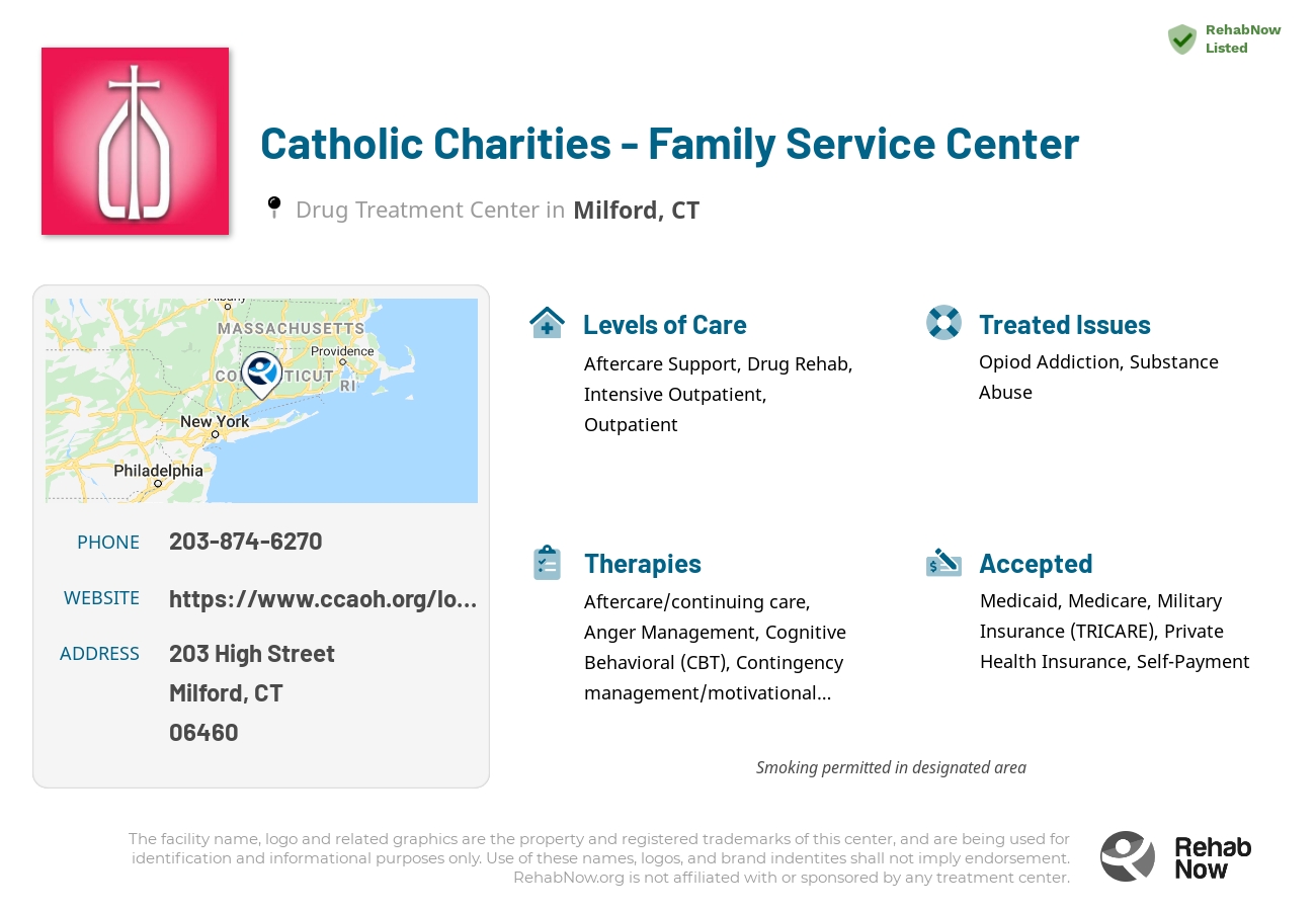 Helpful reference information for Catholic Charities - Family Service Center, a drug treatment center in Connecticut located at: 203 High Street, Milford, CT 06460, including phone numbers, official website, and more. Listed briefly is an overview of Levels of Care, Therapies Offered, Issues Treated, and accepted forms of Payment Methods.