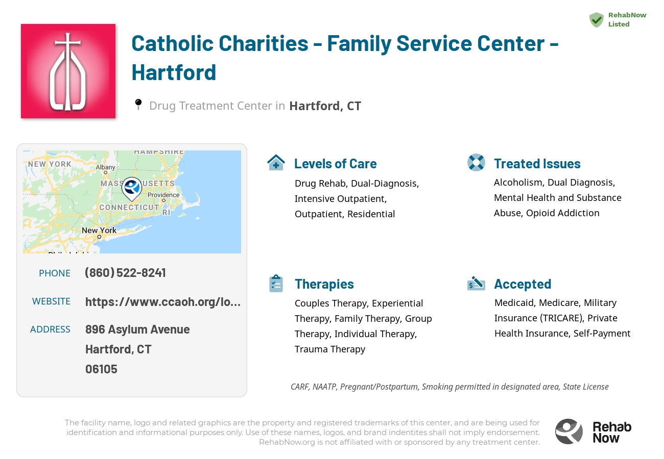 Helpful reference information for Catholic Charities - Family Service Center -  Hartford, a drug treatment center in Connecticut located at: 896 Asylum Avenue, Hartford, CT, 06105, including phone numbers, official website, and more. Listed briefly is an overview of Levels of Care, Therapies Offered, Issues Treated, and accepted forms of Payment Methods.