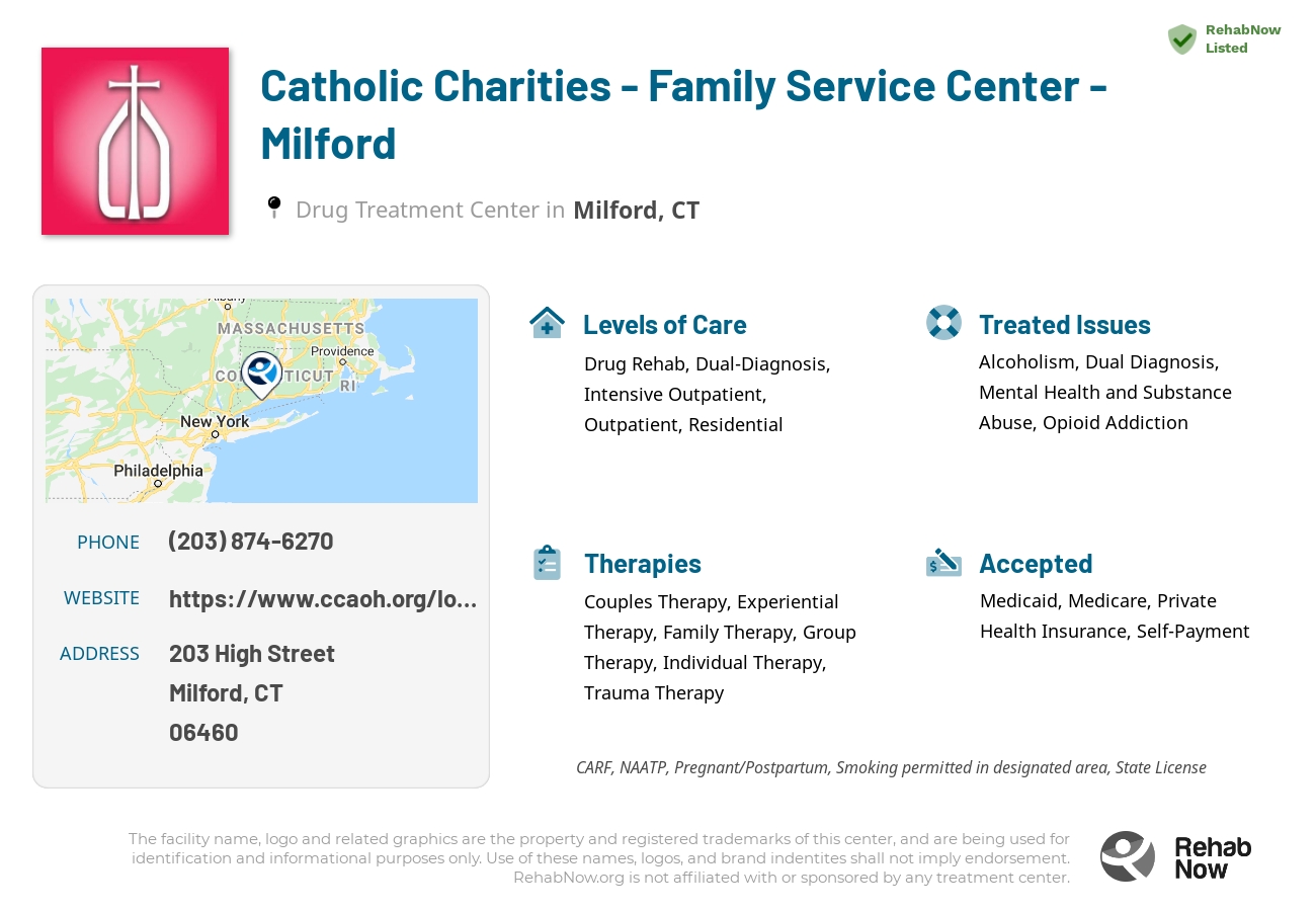 Helpful reference information for Catholic Charities - Family Service Center - Milford, a drug treatment center in Connecticut located at: 203 High Street, Milford, CT, 06460, including phone numbers, official website, and more. Listed briefly is an overview of Levels of Care, Therapies Offered, Issues Treated, and accepted forms of Payment Methods.