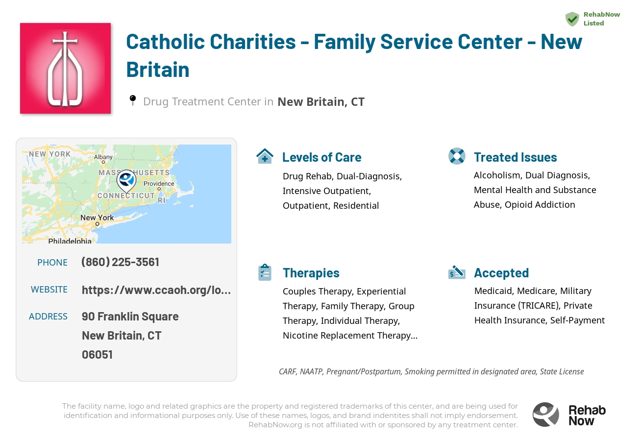 Helpful reference information for Catholic Charities - Family Service Center - New Britain, a drug treatment center in Connecticut located at: 90 Franklin Square, New Britain, CT, 06051, including phone numbers, official website, and more. Listed briefly is an overview of Levels of Care, Therapies Offered, Issues Treated, and accepted forms of Payment Methods.