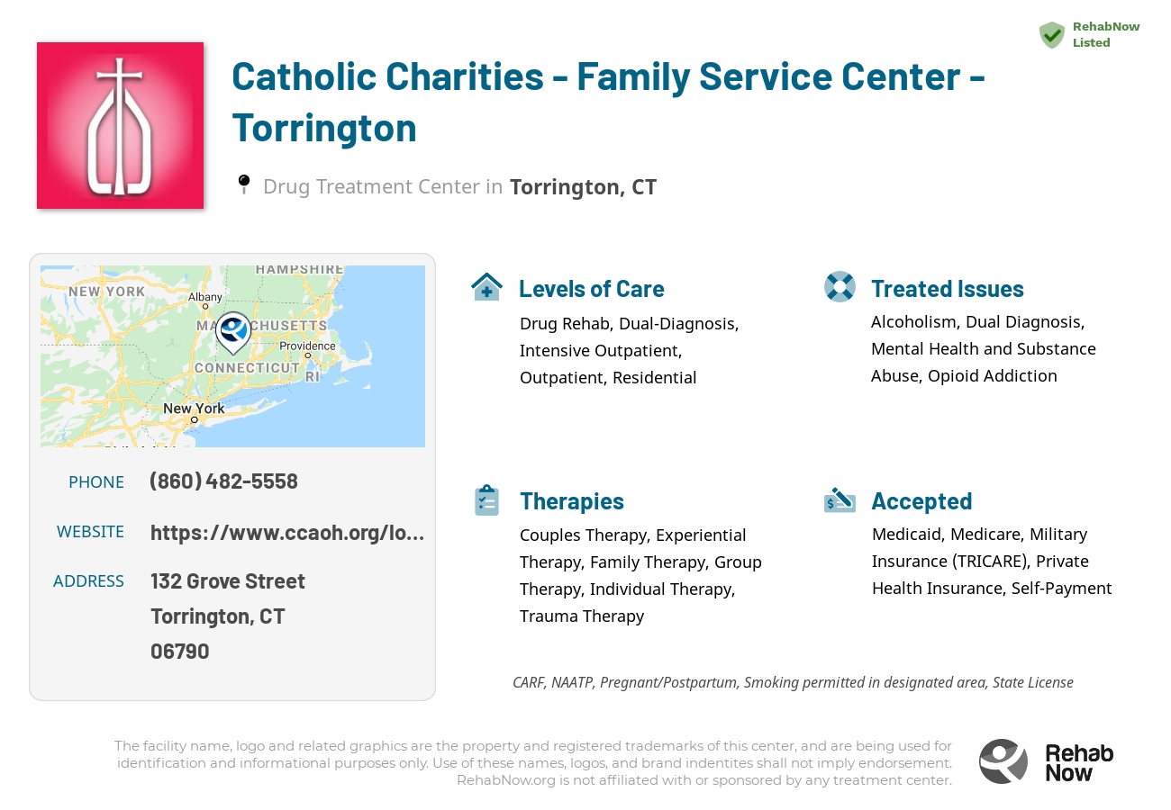 Helpful reference information for Catholic Charities - Family Service Center - Torrington, a drug treatment center in Connecticut located at: 132 Grove Street, Torrington, CT, 06790, including phone numbers, official website, and more. Listed briefly is an overview of Levels of Care, Therapies Offered, Issues Treated, and accepted forms of Payment Methods.