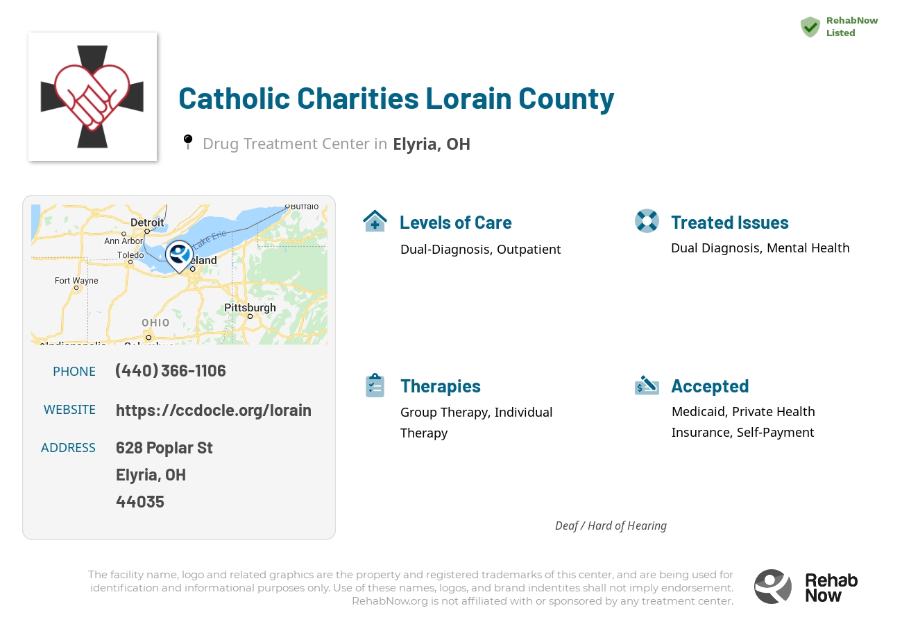 Helpful reference information for Catholic Charities Lorain County, a drug treatment center in Ohio located at: 628 Poplar St, Elyria, OH, 44035, including phone numbers, official website, and more. Listed briefly is an overview of Levels of Care, Therapies Offered, Issues Treated, and accepted forms of Payment Methods.