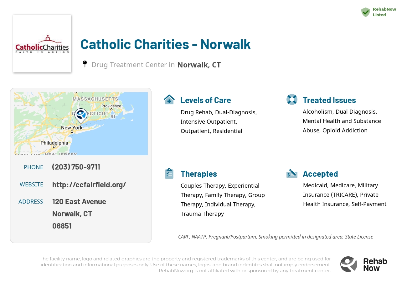 Helpful reference information for Catholic Charities - Norwalk, a drug treatment center in Connecticut located at: 120 East Avenue, Norwalk, CT, 06851, including phone numbers, official website, and more. Listed briefly is an overview of Levels of Care, Therapies Offered, Issues Treated, and accepted forms of Payment Methods.
