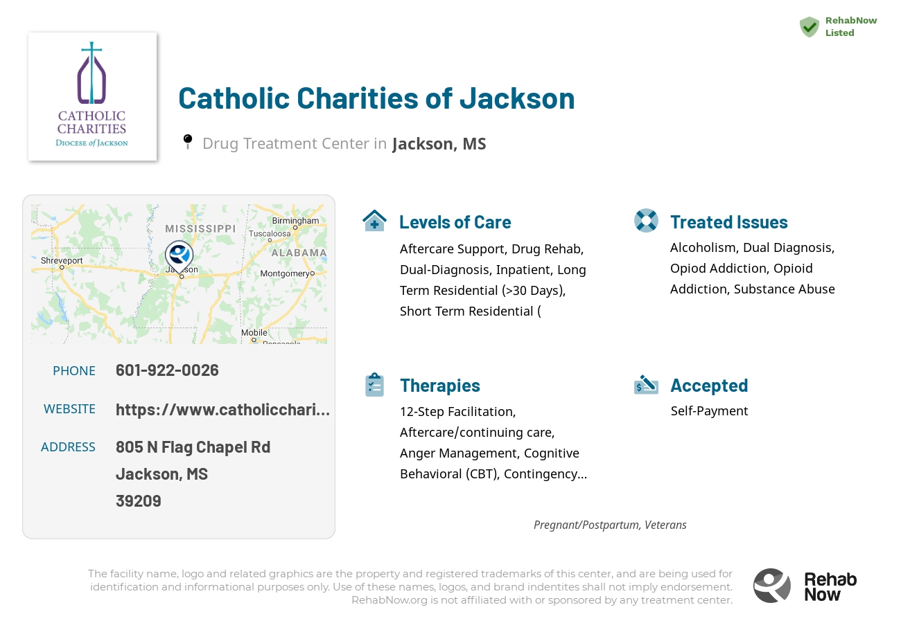 Helpful reference information for Catholic Charities of Jackson, a drug treatment center in Mississippi located at: 805 N Flag Chapel Rd, Jackson, MS 39209, including phone numbers, official website, and more. Listed briefly is an overview of Levels of Care, Therapies Offered, Issues Treated, and accepted forms of Payment Methods.