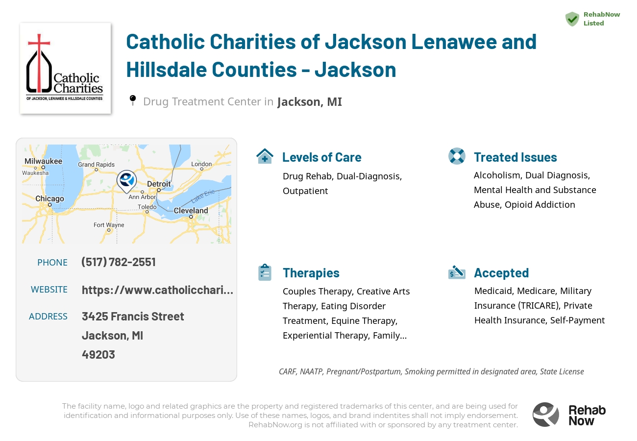 Helpful reference information for Catholic Charities of Jackson Lenawee and Hillsdale Counties - Jackson, a drug treatment center in Michigan located at: 3425 Francis Street, Jackson, MI, 49203, including phone numbers, official website, and more. Listed briefly is an overview of Levels of Care, Therapies Offered, Issues Treated, and accepted forms of Payment Methods.