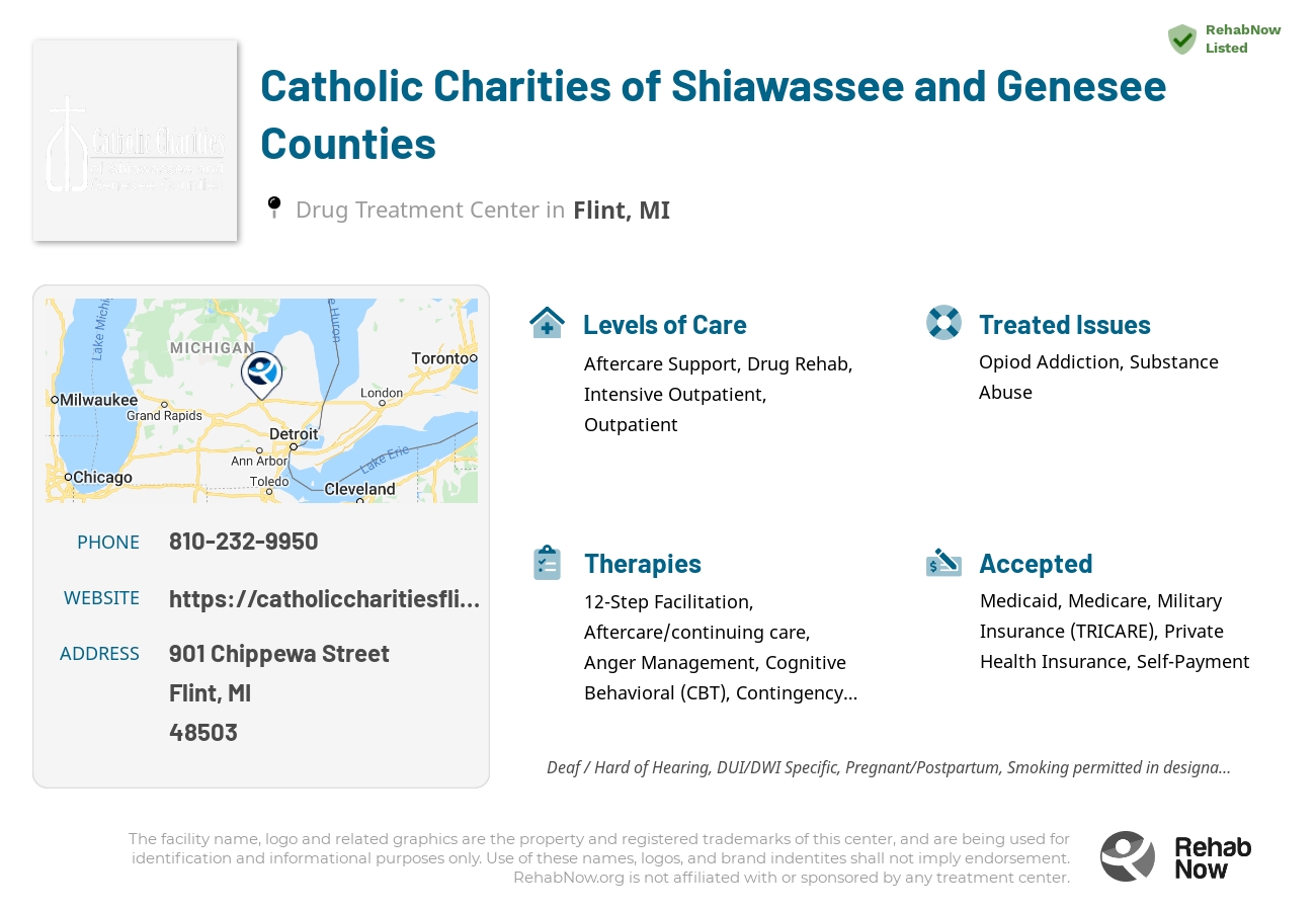 Helpful reference information for Catholic Charities of Shiawassee and Genesee Counties, a drug treatment center in Michigan located at: 901 Chippewa Street, Flint, MI 48503, including phone numbers, official website, and more. Listed briefly is an overview of Levels of Care, Therapies Offered, Issues Treated, and accepted forms of Payment Methods.