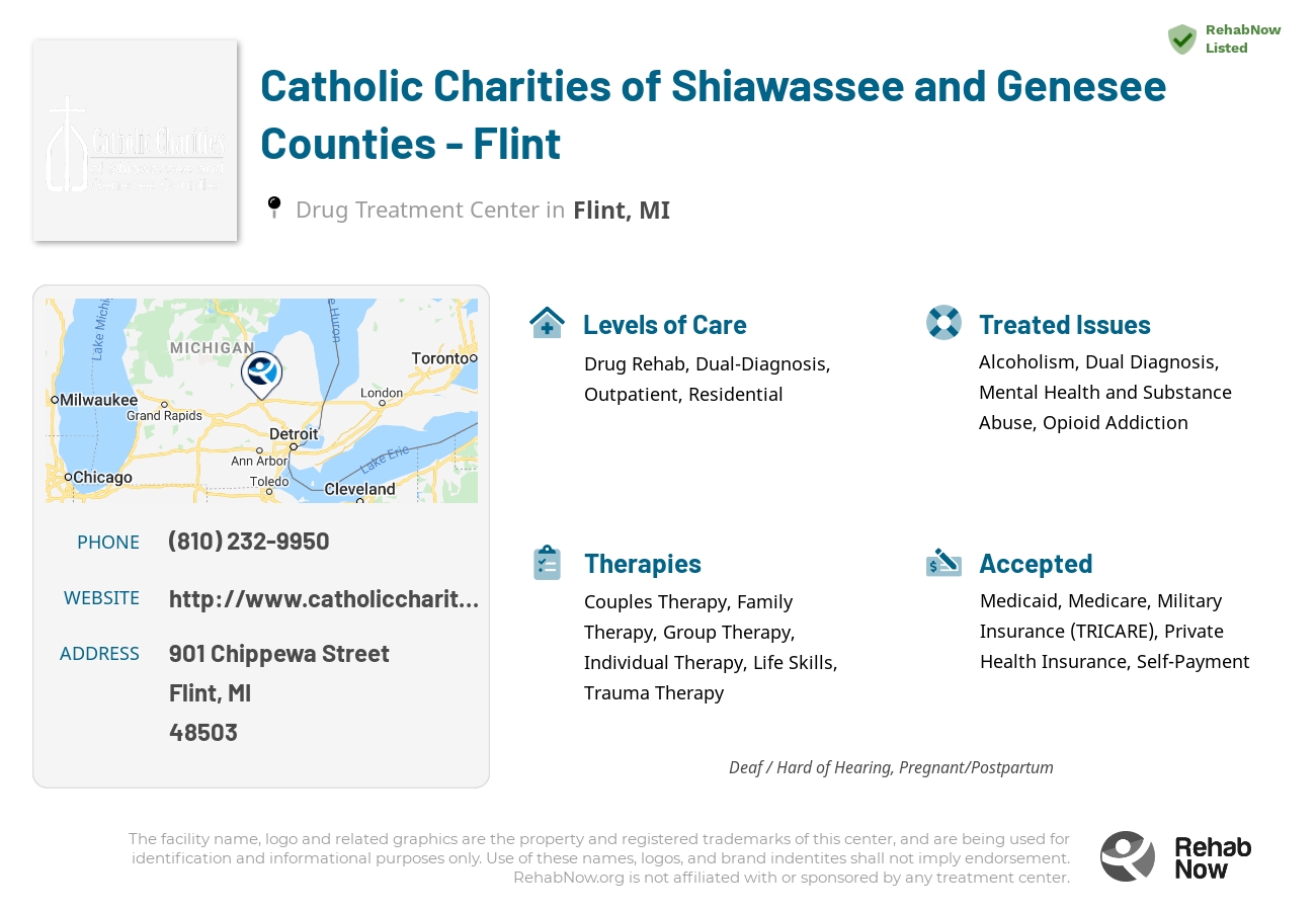 Helpful reference information for Catholic Charities of Shiawassee and Genesee Counties - Flint, a drug treatment center in Michigan located at: 901 Chippewa Street, Flint, MI, 48503, including phone numbers, official website, and more. Listed briefly is an overview of Levels of Care, Therapies Offered, Issues Treated, and accepted forms of Payment Methods.