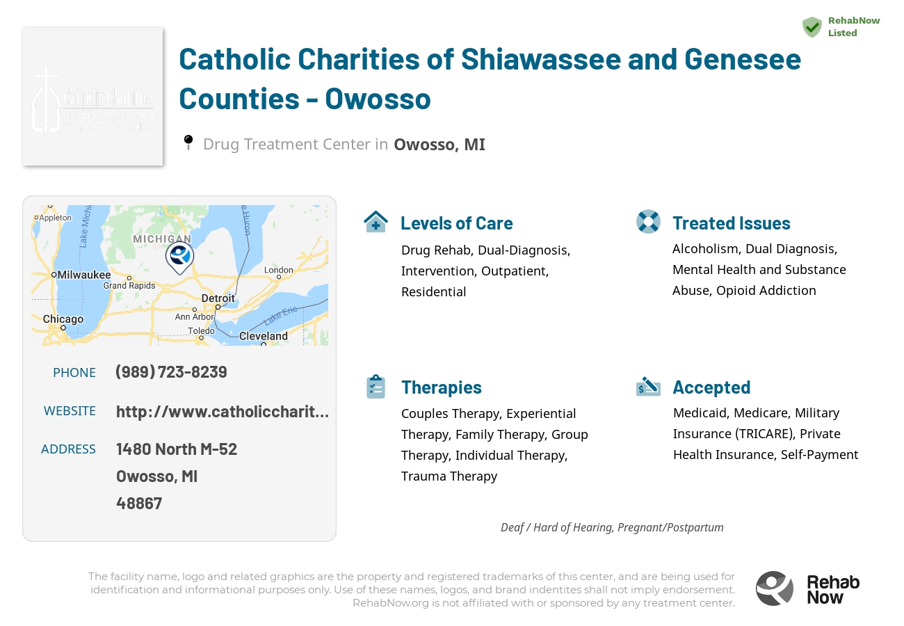 Helpful reference information for Catholic Charities of Shiawassee and Genesee Counties - Owosso, a drug treatment center in Michigan located at: 1480 North M-52, Owosso, MI, 48867, including phone numbers, official website, and more. Listed briefly is an overview of Levels of Care, Therapies Offered, Issues Treated, and accepted forms of Payment Methods.